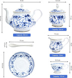 Bone China Tea Set, 21-Pieces Porcelain Tea Set for Adults, Tea Cups And Saucers for 6, with Teapot, Spoons, Sugar Bowl, Creamer Pitcher, Vintage Tea Set for Women Tea Party (Blue)