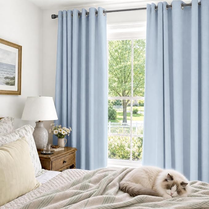 100% Blackout Linen Textured Curtains 72 Inch Long, Chambray Blue | 100% - Image 4