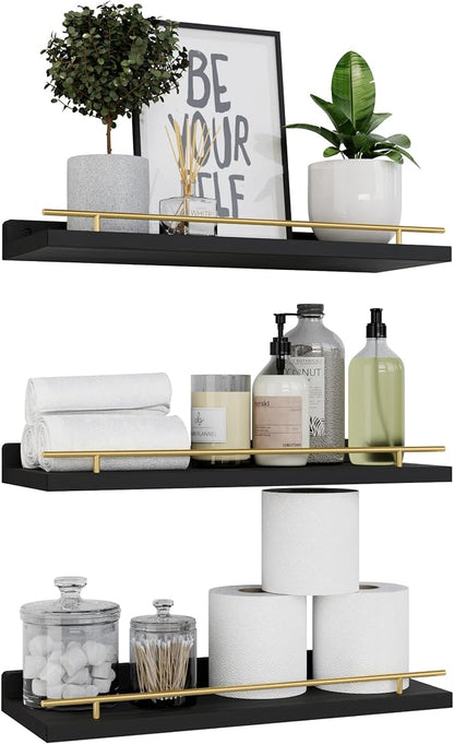 WOPITUES Floating Shelves with Gold Metal Guardrail, Shelves by WOPITUESOfficial
