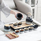 LURRIER Gongfu tea sets, Portable Ceramic TeaSet, Asian Tea sets for adult, Tea Gift sets, Grey leather case, Portable Travel Bag,Home,Gifting,Outdoor and Office(Black and White)