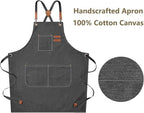 AFUN Chef Aprons for Men Women with Large Pockets, Cotton Canvas Cross Back Heavy Duty Adjustable Work Apron, Size M to XXL(Grey)