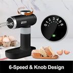 Kitchen in the box Cordless Rechargeable Hand Mixer for Kitchen, Portable Handheld Electric Mixer with Beaters, Whisks, 6-Speed Digital Display, Charging Base and USB-C Charge Cable (Classic Black)