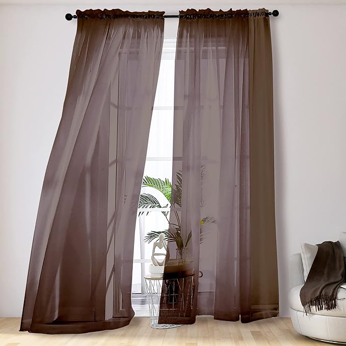 Brown Sheer Curtains 108 Inches Long, Light Filtering Semi Transparent by OVZME