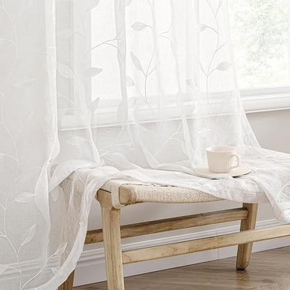 MIULEE White Sheer Curtains 2 Panels Embroidered Leaf Patterned, W52 x L96 | by MIULEE