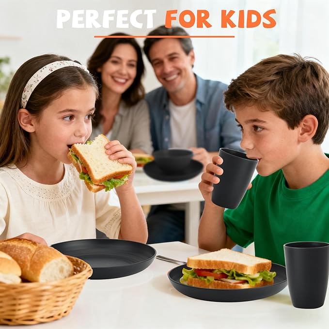 Wheat Straw Dinnerware Sets, Unbreakable Kids Plates and Bowls Sets 20-Piece Service for 4, Alternative Plastic Outdoor Camping Dishes, Microwave & Dishwasher Safe - Black