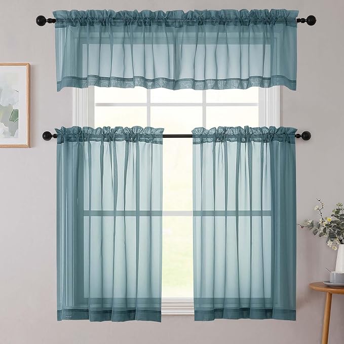 Dusty Blue Valances for Windows, Sheer Curtains 14 Inch Length 2 Pack Kitchen - Image 8
