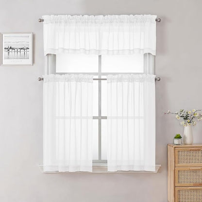 Sheer White Valances for Windows 18 Inch Length 2 Pcs, Cafe Kitchen Curtains - Image 5