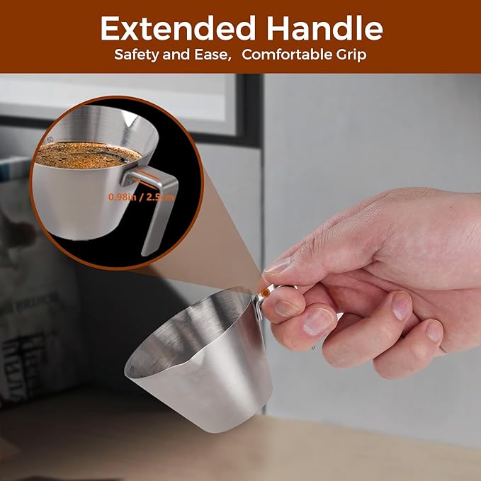 2 Pcs Espresso Cups with Handle, Stainless Steel Espresso Accessories, Double Spout Metal Measuring Cup with Dual Scale, Espresso Shot Cup with V-Shaped Mouth, 3.4OZ/100ML(Silver)