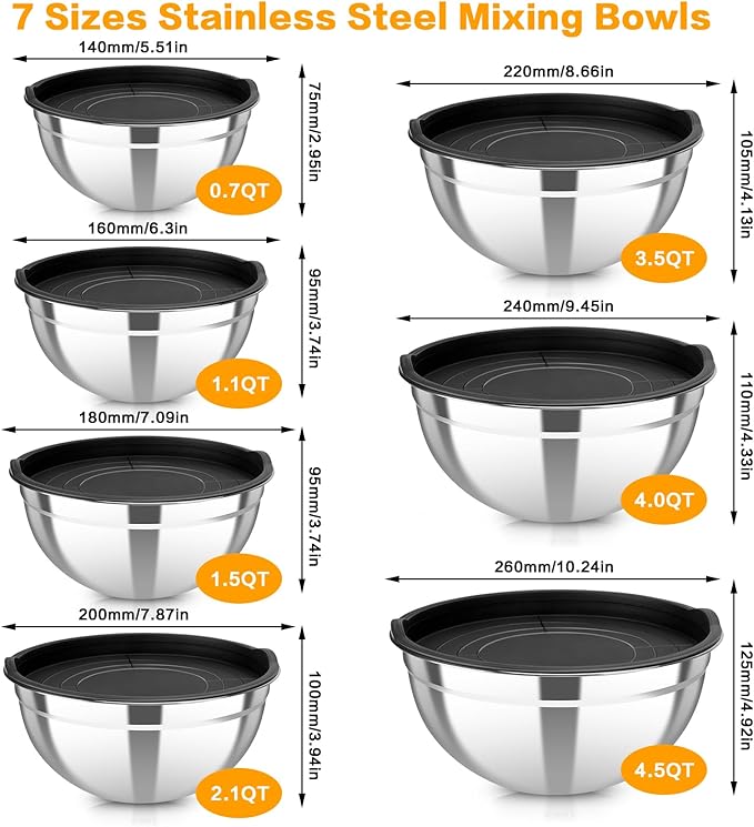 7 Piece Metal Mixing Bowls with Lids Set, Stainless Steel Nesting Design Salad Mixing Bowl Set for Kitchen Cooking, Baking, Prepping and Serving Food (Size 0.7, 1.1, 1.5, 2.1, 3.5, 4, 4.5QT)