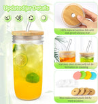 4-Pack 24oz Glass Cups with Lids and Straws - Wide Mouth Mason Jars, 12 Lids (Bamboo/Plastic) & 8 Straws - Reusable Tumblers for Smoothies, Iced Coffee