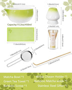 ZENS Matcha Whisk Set, 15oz Matcha Bowl with Spout, 6pcs Matcha Tea Set with Bamboo Whisk & Scoop, Holder (Chasen), Matcha Sifter, Tea Towel for Matcha Ceremony, Green