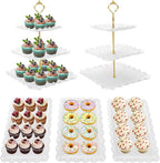 5 Pcs Dessert Table Display Set, White Plastic 2 Pcs Square 3 Tier Cupcake Stand Cup Cake Tower Stand with Metal Rod & 3 Pcs Serving Tray for Baby Shower, Tea Party, Wedding, Birthday Party