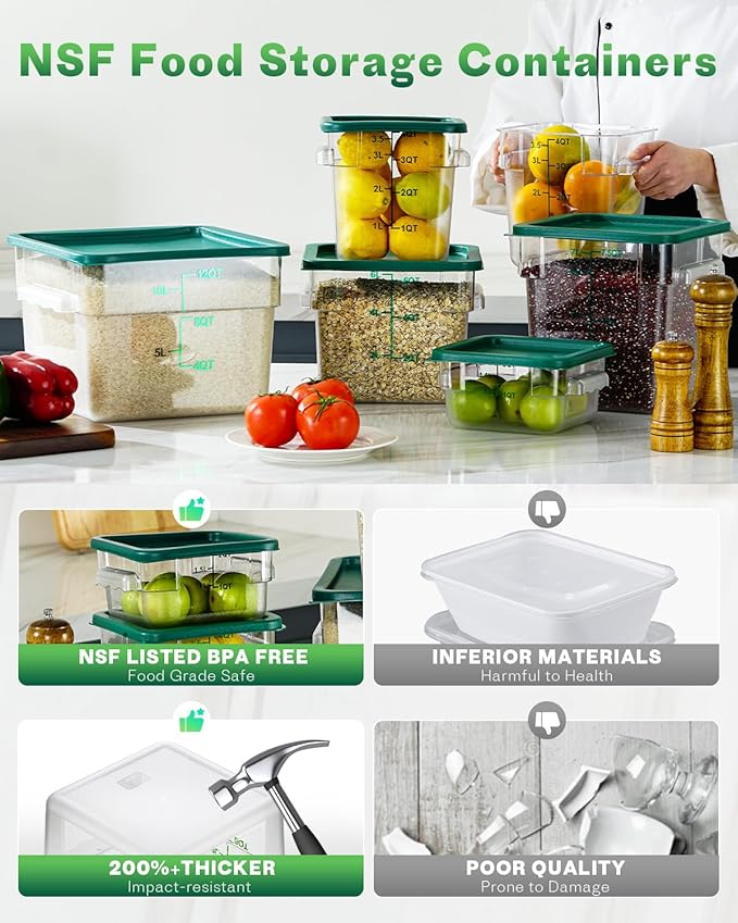 2QT&4QT NSF Food Storage Containers with Lids: 4 PCS [Total Food Grade][Hot&Cold Resistant] Commercial Clear Food Storage Containers for Restaurant Kitchen Proof Dough Green