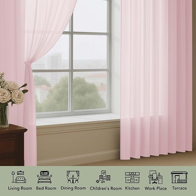 Extra Long Blush Sheer Curtains 96 Inches Long 2 Panels Set, Soft Lightweight - Image 4