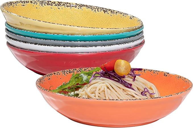 Vintage Pasta Bowl, Melamine Pasta Bowls Set of 6, 42 OZ Large Corlorful Serving Bowl for Kitchen, Dishwasher Safe Salad,Soup,Fruit, Dinner Bowls, Shallow Pasta Plates. Multi-color…