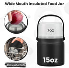 2-in-1 Insulated Food Jar & Snack Container - 15oz Kids Soup Thermos for Hot Food with Handle and Spoon, Leak Proof Reusable Toddler Snack Box, Perfect for School & Travel, Black
