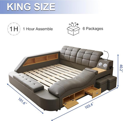 Luxury Smart King Bed Frame, Leather Headboard/Strong Wooden Slats - Image 2