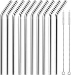 Set of 10 Stainless Steel Straws, HuaQi Bent Reusable Drinking Straws 10.5'' Long 0.24‘’ Dia for 30 oz Tumbler and 20 oz Tumbler, 2 Cleaning Brush Included (10 Bent Staw + 2 Brushes）