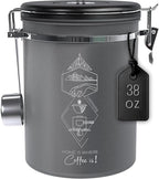 Large Coffee Canister – Airtight Stainless Steel Storage Container with Date Tracker & Scoop, Sealed Jar for Grounds, Beans, Tea, Flour, Cereal, and Sugar (Gray Home, 38OZ)