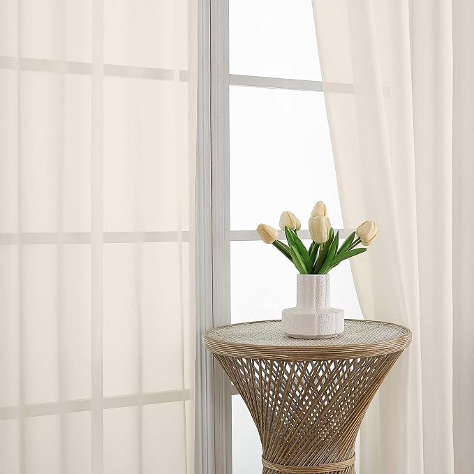 Cream Sheer Curtains 84 Inches Long 2 Panels Set, Light Filtering Sheer Curtains - Image 3