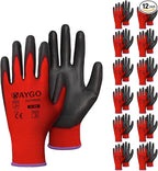 KAYGO Safety Work Gloves PU Coated for women, 12 Pairs Seamless Knit Glove with Polyurethane Coated Smooth Grip on Palm and Fingers, Ideal for General Duty Work, KG11P (XS, Red)