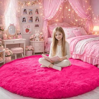 Amdrebio Hot Pink Fluffy Large Round Rug 6Ft by Amdrebio