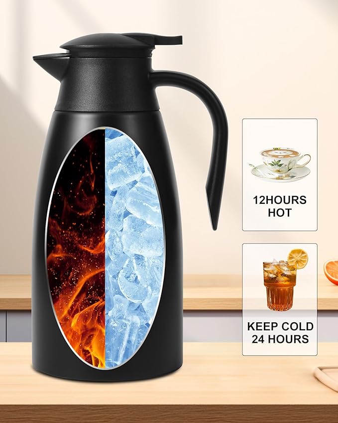 70 oz Thermal Coffee Carafe for keeping hot, Updated Airpot dispener, Insulated Stainless Steel Vacuum Thermal Pot for Coffee, Hot Water,Keep Hot 12 Hours (black/black)