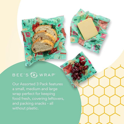 Bee's Wrap Beeswax Wraps for Food - Made in USA Reusable & Organic Food Wraps, Sandwich Wrap & Bowl Covers - Eco-Friendly Alternative to Aluminum Foil, Seasons Greetings 3 Pack (S, M, L)