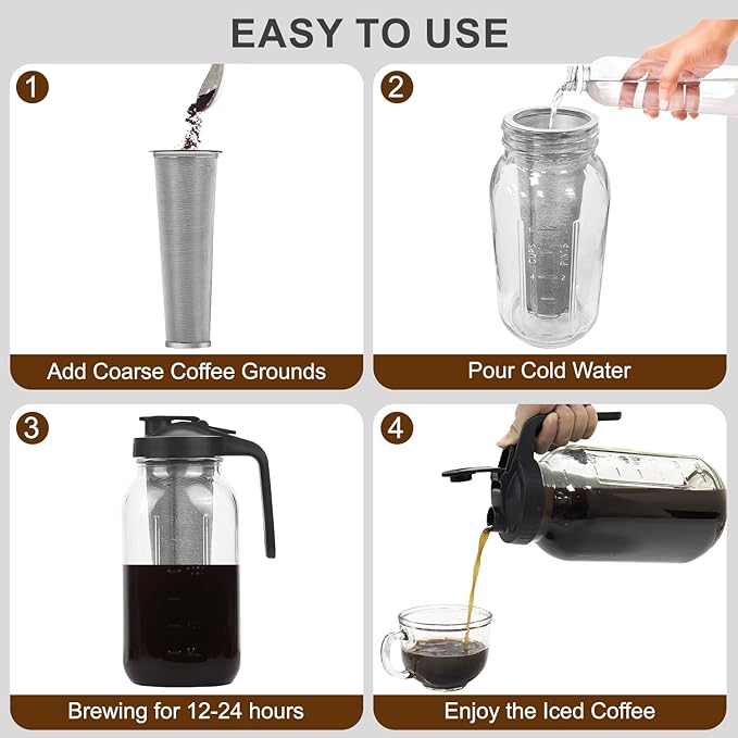Cold Brew Coffee Maker Pitcher, 64oz Iced Coffee Tea Pitcher for Fridge with Stainless Steel Filter, 1/2 Gallon Glass Mason Jar Cold Brew Maker with Pour Spout Lid, Drying Mat, 2 Brushes, Leak-Proof