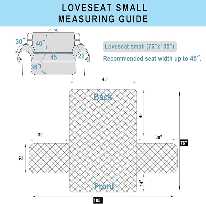 Reversible 45" Small Loveseat Sofa Covers, Light Grey | Loveseat Covers - Image 7
