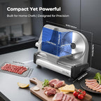 OSTBA Electric Meat Slicer with 200W DC Motor, 2 Removable 8.7” Stainless Steel Blades, Adjustable Thickness 0–15mm, Food Tray & Hand Grip, Deli Food Slicer for Meat, Cheese, Bread, Vegetables