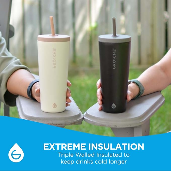 GROSCHE Jasper Insulated Stainless Steel Tumbler With Straw – Travel Cup with Lid, Extreme Insulation & Sleek Design, 23 oz - White