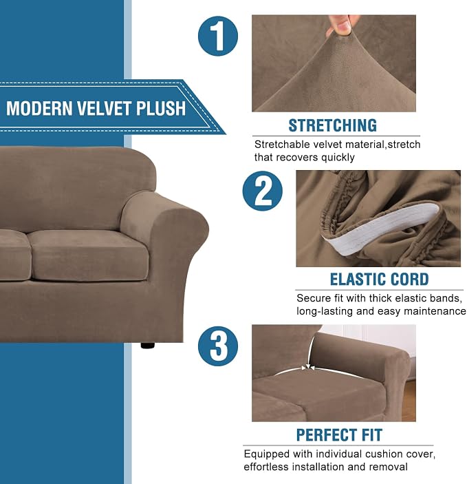 H.VERSAILTEX Real Velvet Plush 3 Piece Stretch Sofa Covers Couch Covers - Image 3