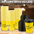 Smygoods Disposable Coffee Cups with Lids, To Go Paper Hot Cups, Good Morning Design (12 OZ, 50 Count) For Hot Beverages, Coffee, Tea, Espresso, Cocoa - Vasos Para Cafe