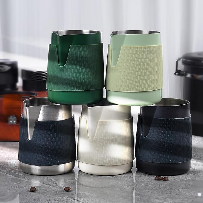 IKAPE Espresso Milk Pitcher, 15.04/450ml Milk Frothing Jug without Handle, Espresso Steaming Pitcher with Sharp Spout for Espresso Barista Tool(light green)
