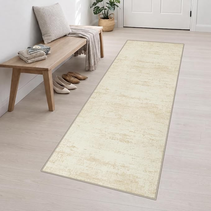 2.6x10 Washable Runner Rug:Modern Abstract Indoor Soft Carpet Beige | - Image 3