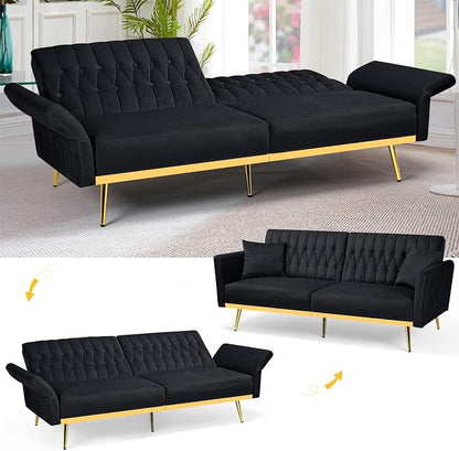 70” Velvet Futon Sofa Bed with 2 Pillows and Adjustable Armrests, Convertible - Image 4