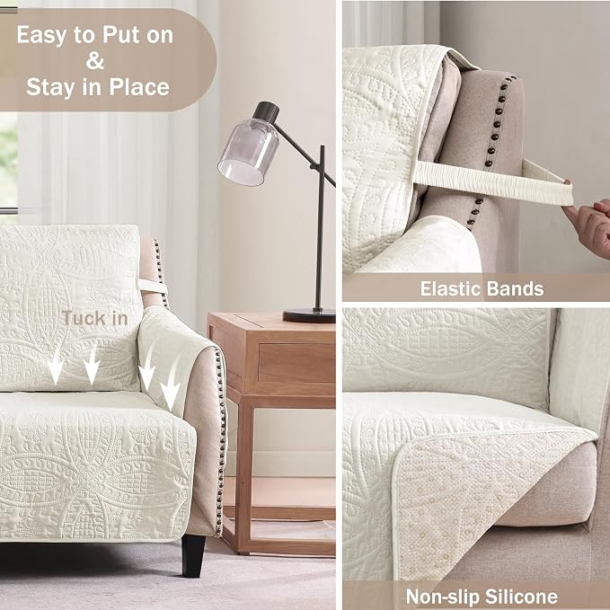 Quilted Sofa Slipcovers with Pockets, Anti-Slip Medallion Designed Couch Covers - Image 5