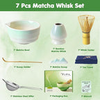 Matcha Whisk Set, 7 Pcs Ceramic Matcha Kit, Matcha Bowl with Spout, Matcha Whisk, Holder, Stainless Sifter, Bamboo Scoop and Tea Towel, Matcha Gift Set for Matcha Tea Lovers