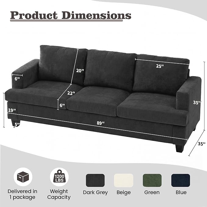 Apicizon 89" 3 Seat Couch for Living Room, Comfy Couch Clound Sofa 3 Seater Sofa - Image 2