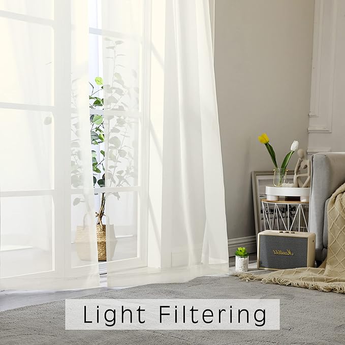 Sheer Curtains 63 inch Length, Ivory Sheer Cutains 2 Panels Set - Image 2