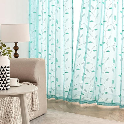 MIULEE Turquoise Sheer Curtains 2 Panels Leaf Patterned, W52 x L63 | - Image 3
