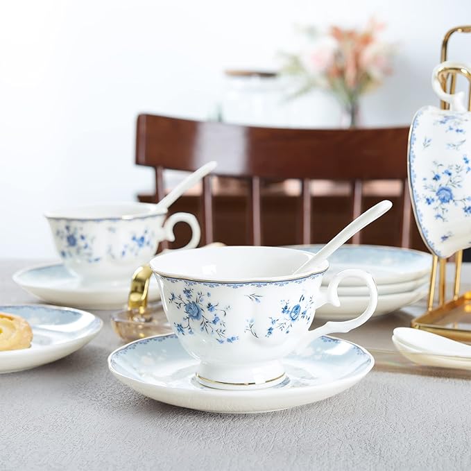 fanquare 15 Piece Blue Rose Porcelain Tea Set, British Floral Teapot with Tea Cups, Women Tea Party Set for 6