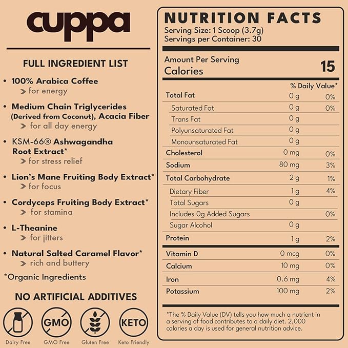 Cuppa Salted Caramel Healthy Mushroom Insant Coffee with Lion's Mane & Ashwagandha for All Day Energy & Focus - No Crash or Jitters - Nootropics for Brain Health, Gut Health, Immunity, Stress, Memory + Mood - 60 Servings