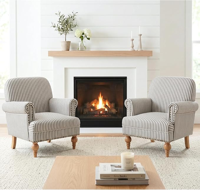 Black Striped Linen Fabric Accent Chair, Modern Farmhouse Upholstered Armchair - Image 8
