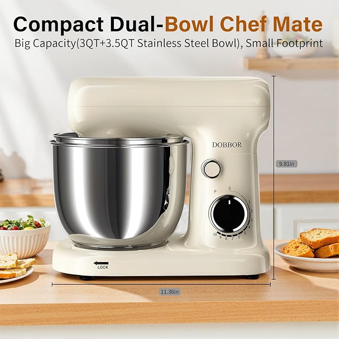 Stand Mixer with 3QT+3.5QT Dual Bowls, 10-Speed Electric 300W Food Mixer - Includes Egg Whisk, Dough Hook & Flat Beater for Home Baking & Daily Cooking (White)