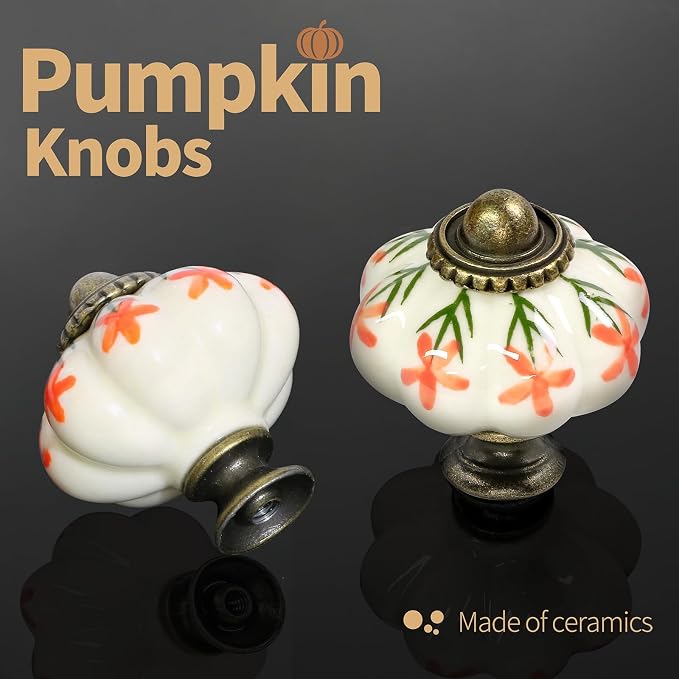 Ivory & Orange Pumpkin Knobs 2 Pack Ceramic Cabinet Knobs Vintage Drawer Pulls - Image 5