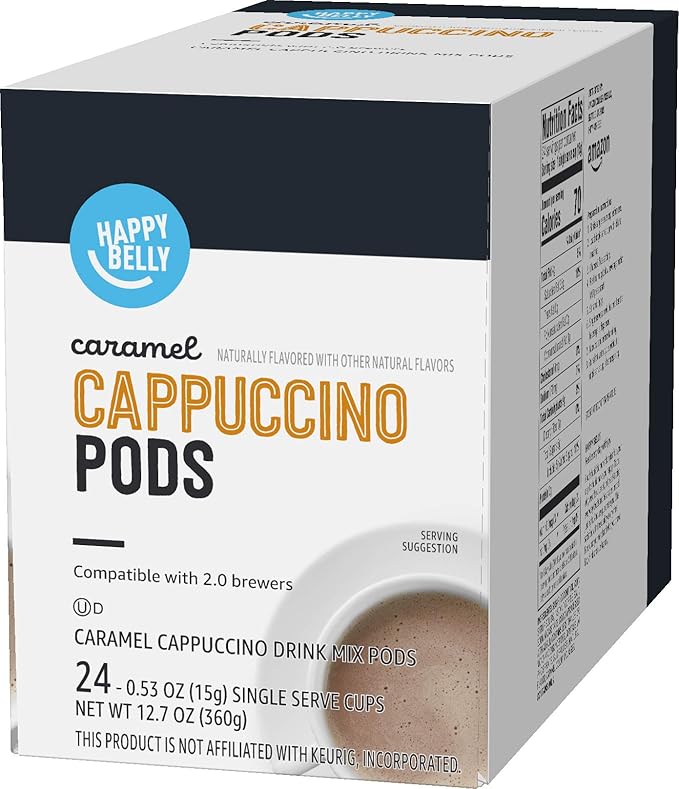 Amazon Brand - Happy Belly Cappuccino Coffee Pods Compatible with K-Cup Brewers, Caramel Flavored, 24 Count (Pack of 2)
