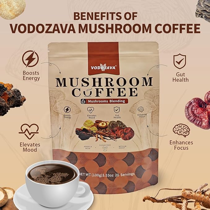 Instant Mushroom Coffee Powder Espresso Cafe Extract with Chaga Lions Mane Turkey Tail Shiitake Cordyceps Reishi 20 Servings