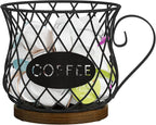 YINMIT K Cup Holder Organizer, Rustic Coffee Pod Holder Organizer, 35 Kcup Holder for Counter with Handle，Large Capacity Black Wire Coffee Capsule Basket for Kitchen Office Desktop (Circular Grid)